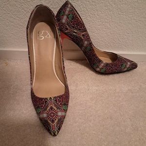 gx 4inch orange, red geometric design heels